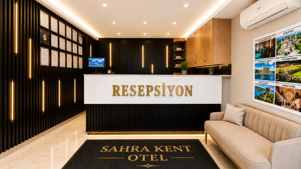 Sahra Kent Otel Ataşehir’in modern ve şık resepsiyon alanı, misafirlerimizi sıcak ve profesyonel bir atmosferle karşılamaktadır. Konforlu bekleme alanı ve özenli tasarımıyla giriş anından itibaren keyifli bir konaklama deneyimi sunar.
